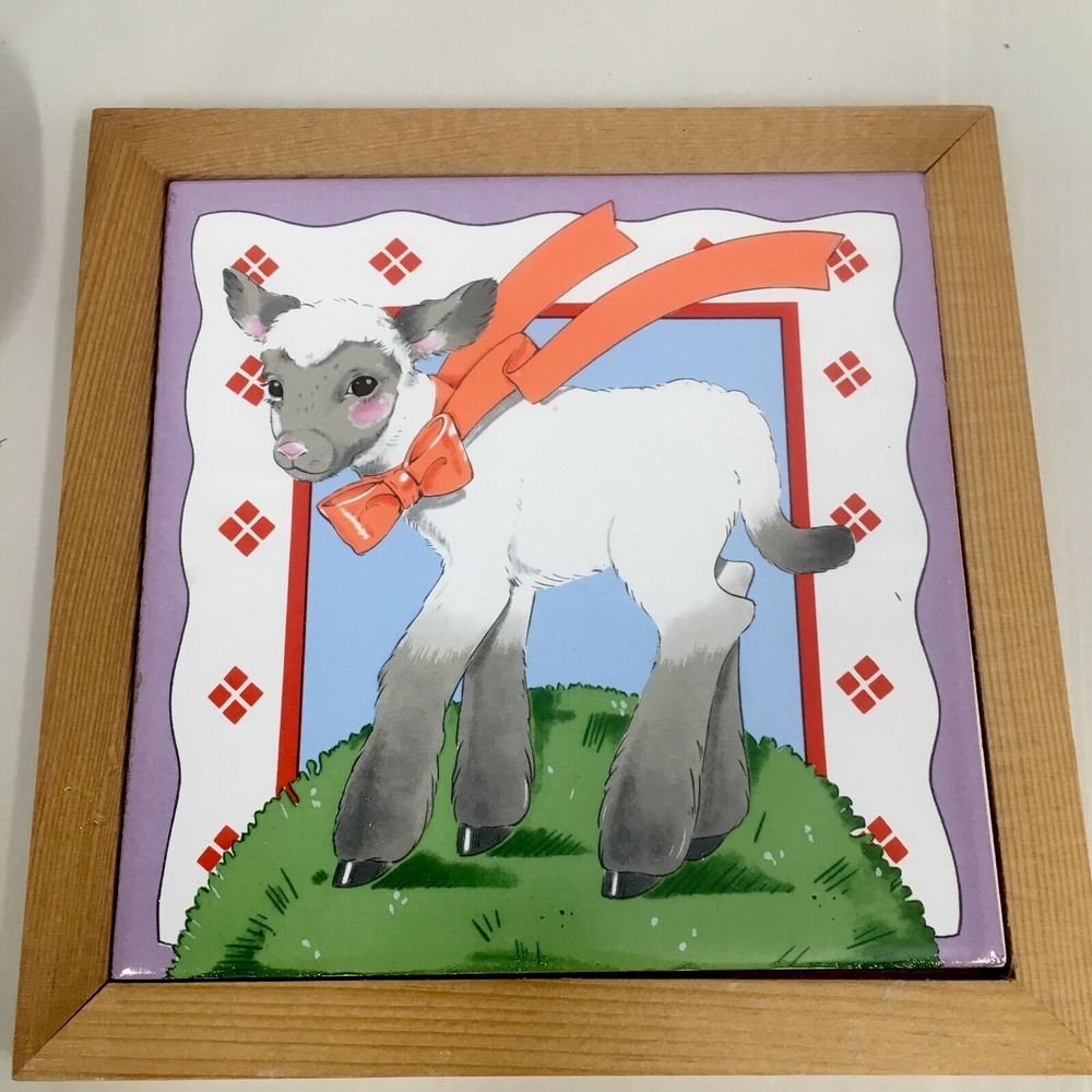Vtg Vandor Ceramic Tile Wood Trivet Wall Plaque Hotplate Lamb Sheep 1982 Farm